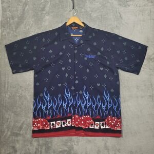 Vintage Las Vegas Shirt Mens XL Blue Red Flames Fire Dice Poker Button Up